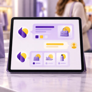 Tablet showing a chat with an AI assistant at a boutique counter