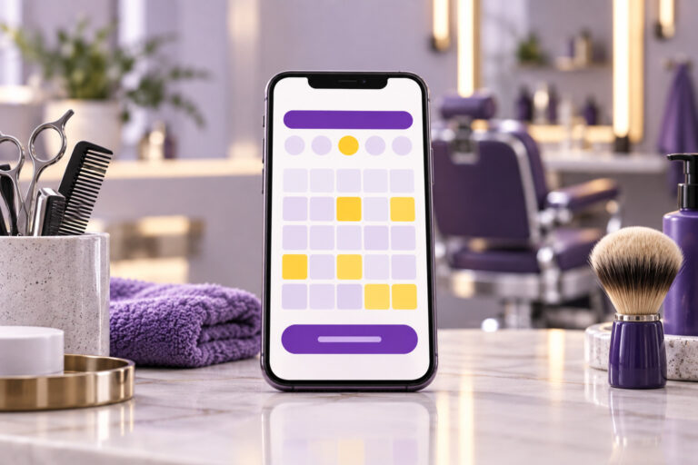 Phone showing an online booking calendar at a barbershop station