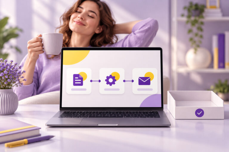 Relaxed owner with coffee while a laptop runs an automated task
