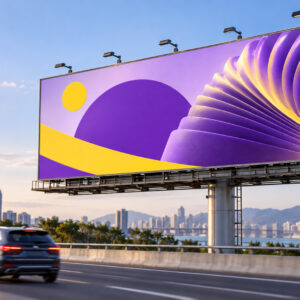 Highway billboard with bold purple and yellow artwork