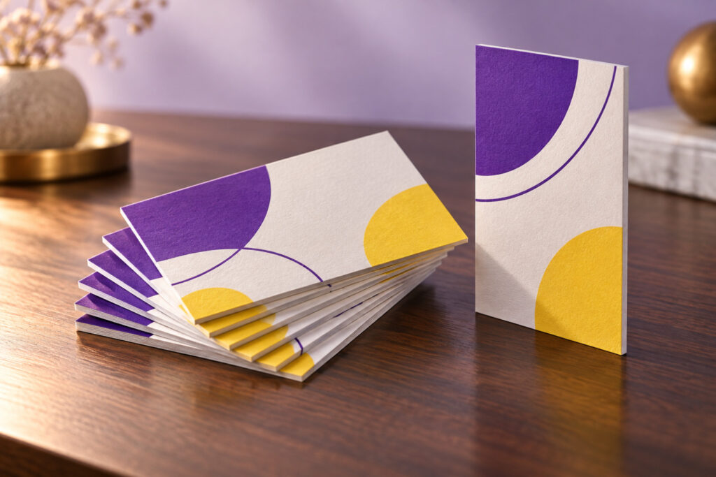 Fan of premium purple and yellow business cards on a walnut desk
