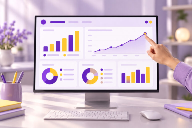 Owner pointing at a rising trend on a business dashboard