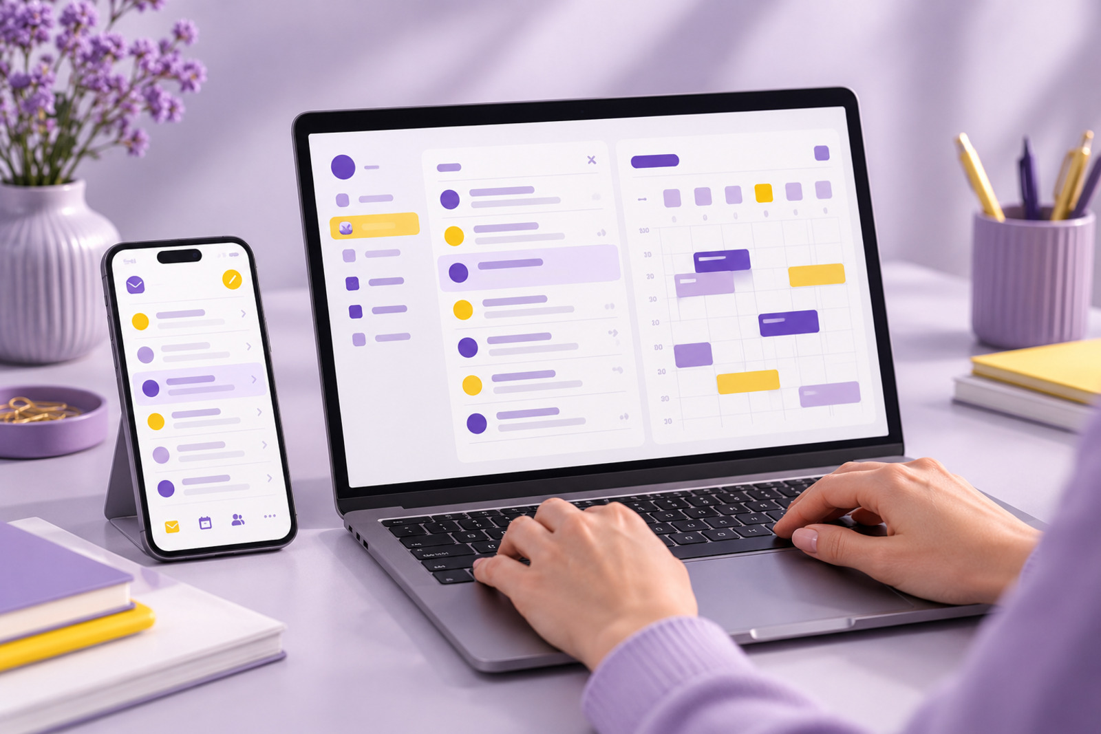 Laptop and phone showing an organized business inbox and calendar