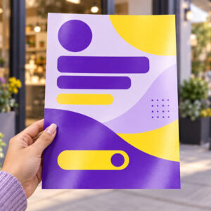 Hand holding a bold purple and yellow flyer outside a storefront