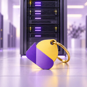 Server rack with violet lights and a gold key tag