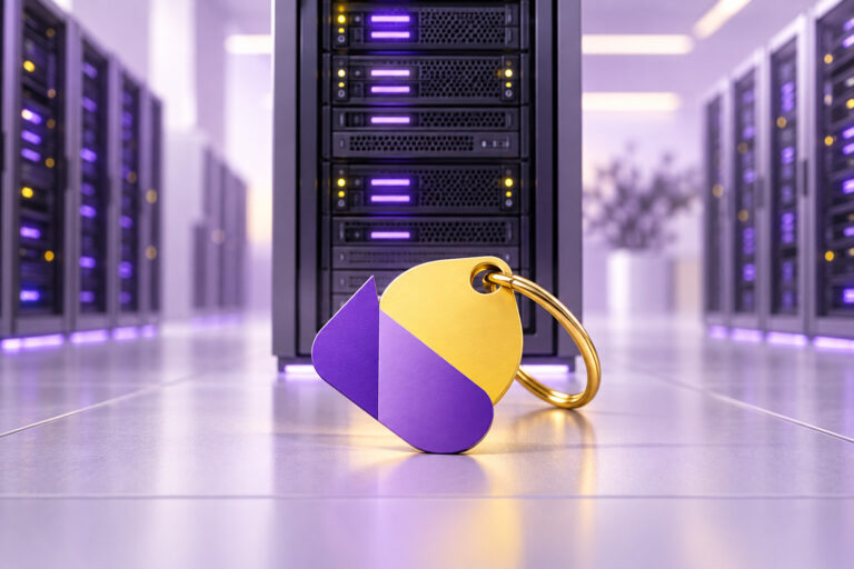 Server rack with violet lights and a gold key tag
