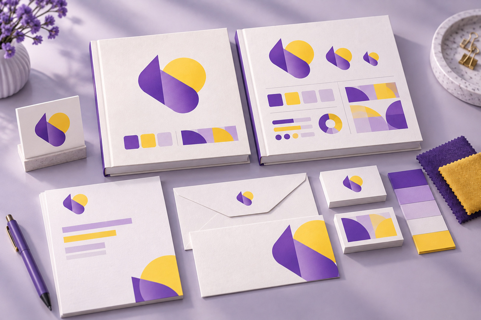 Complete brand system with guideline books, stationery, and swatches