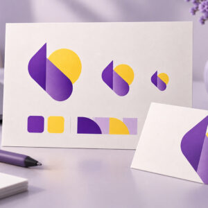 Brand identity board with a purple and yellow logo mark shown at three sizes