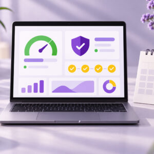 Laptop showing a healthy website dashboard with a green speed gauge
