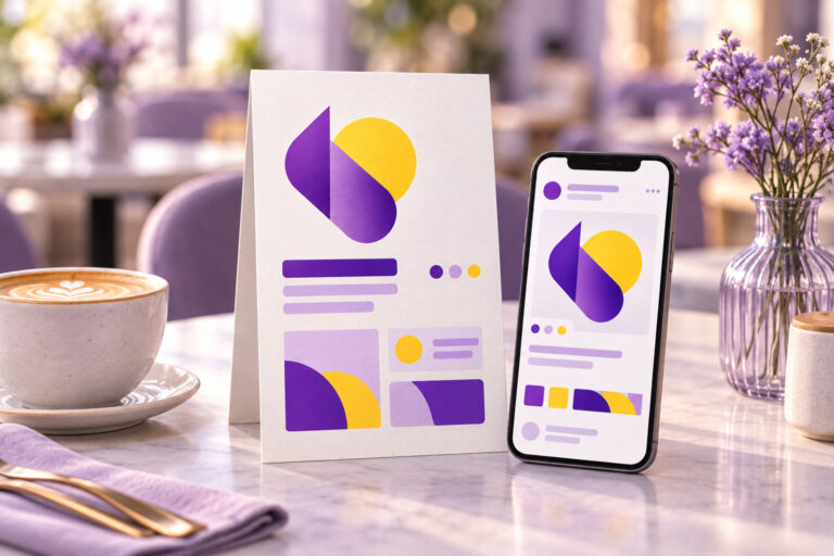 Printed menu card beside a phone showing a matching social post