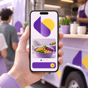 Phone showing a one-page website at a food truck window