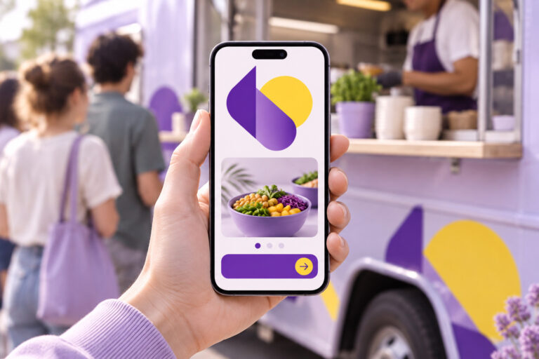 Phone showing a one-page website at a food truck window