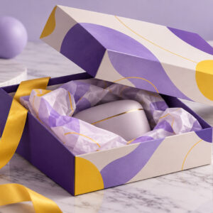 Purple and yellow product box mid-unboxing with a gold ribbon