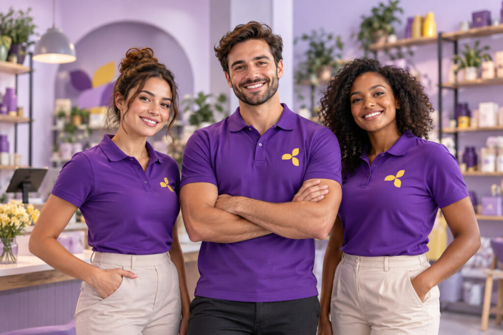 Team of three wearing matching branded purple polo shirts