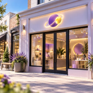 Storefront with an illuminated purple and yellow sign above the entrance