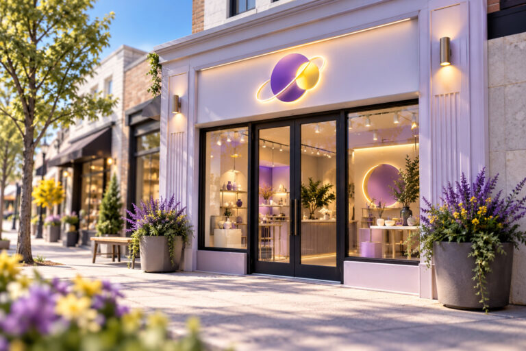 Storefront with an illuminated purple and yellow sign above the entrance