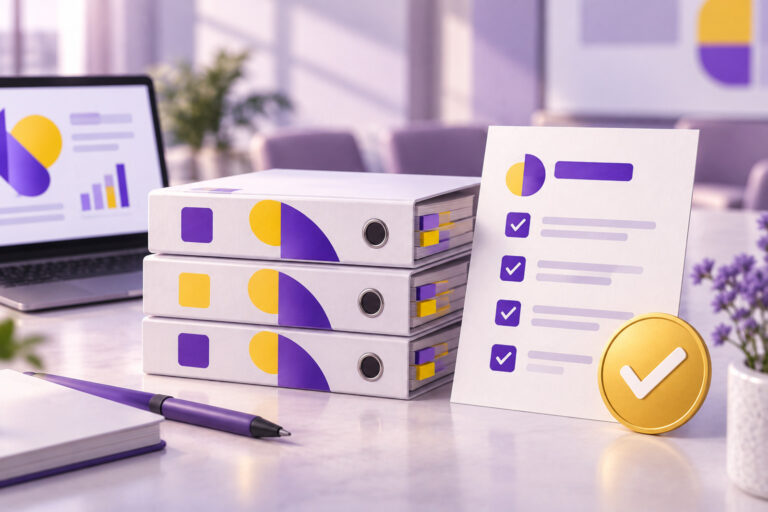 Stack of policy binders with a gold checkmark seal and a completed checklist
