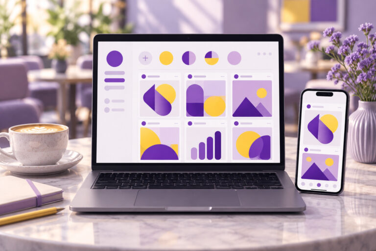 Laptop and phone showing a grid of social media posts on a website