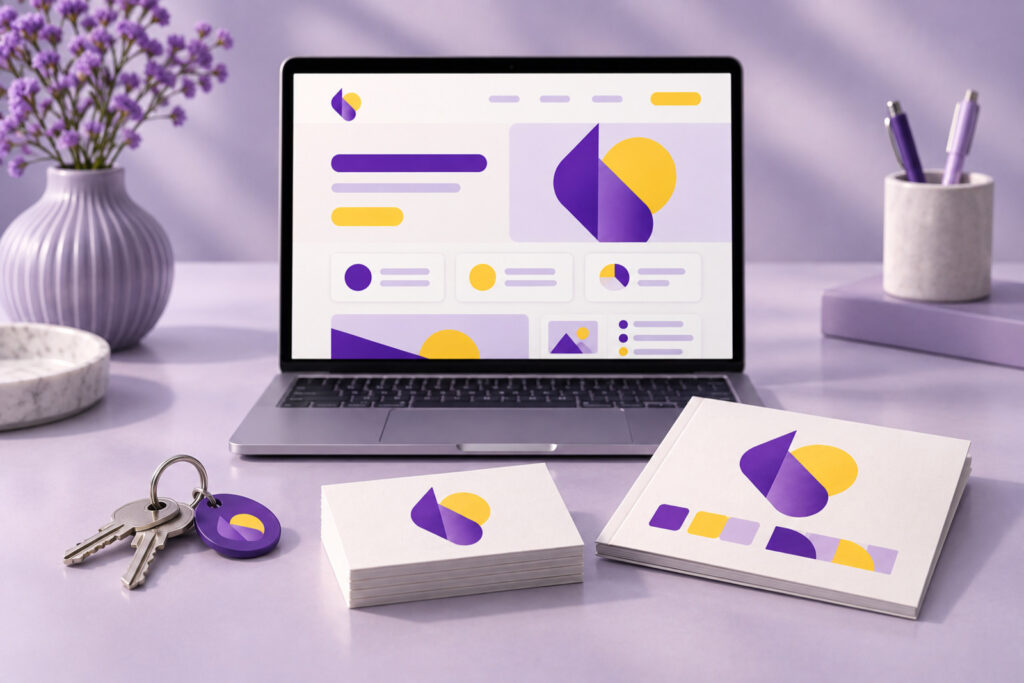 Launch kit with a new website on a laptop, logo business cards, and shop keys