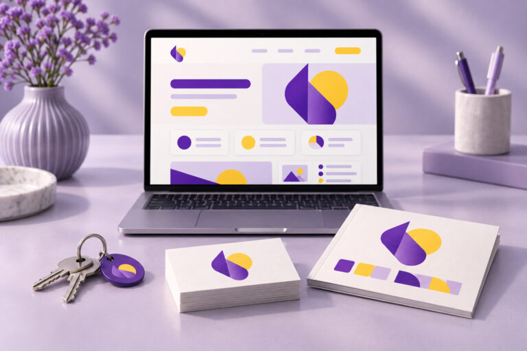 Launch kit with a new website on a laptop, logo business cards, and shop keys