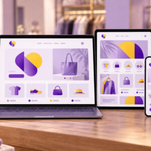 Matching website on a laptop, tablet, and phone on a boutique counter