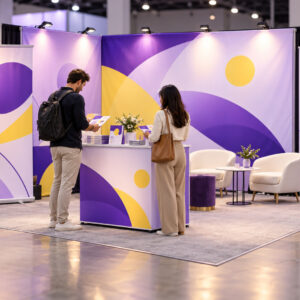 Trade show booth with a branded backdrop, counter, and banner stands