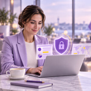 Business owner working securely on a laptop in an airport lounge