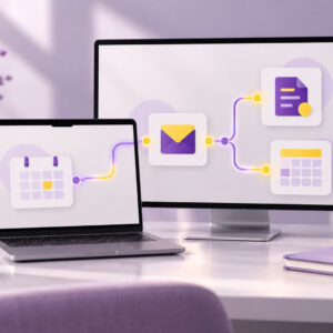 Laptop and monitor showing connected automated workflow steps