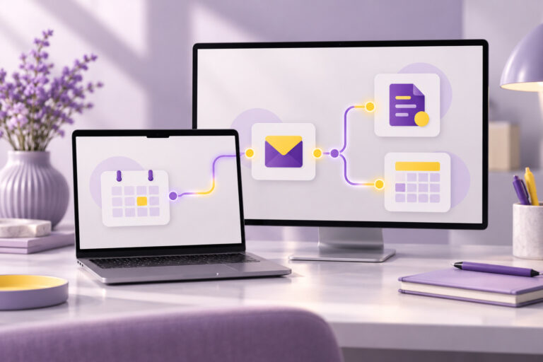 Laptop and monitor showing connected automated workflow steps