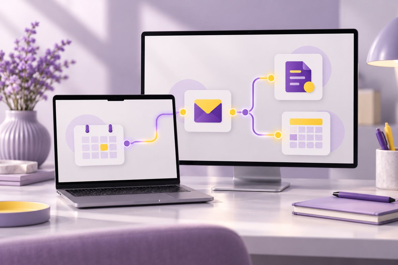 Laptop and monitor showing connected automated workflow steps
