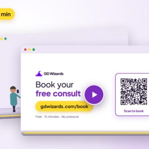 Browser windows playing a video sales letter that ends on a booking QR code