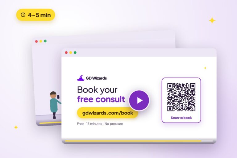 Browser windows playing a video sales letter that ends on a booking QR code